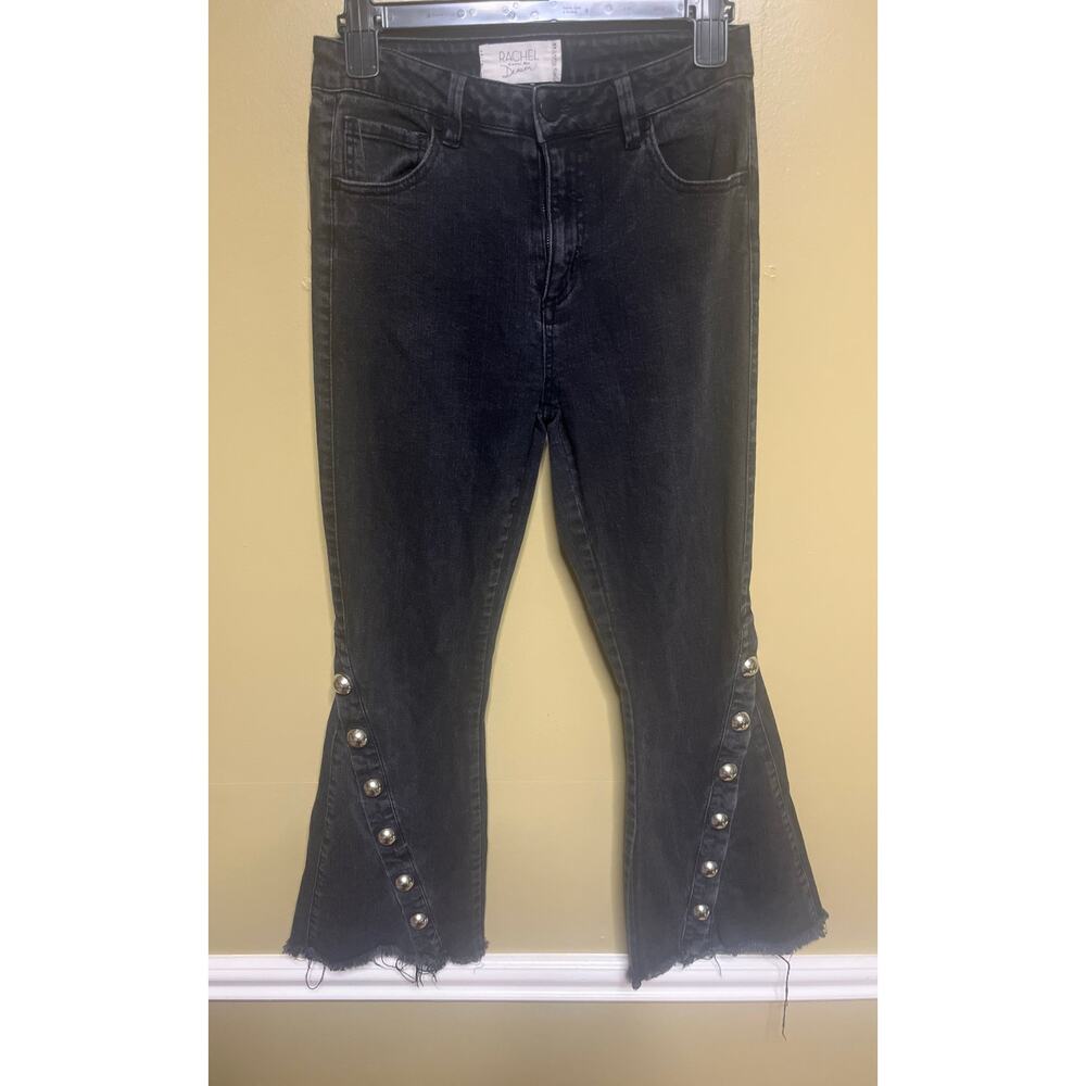 Rachel Roy black Dolly mid-rise cropped snap frayed flare-leg jeans